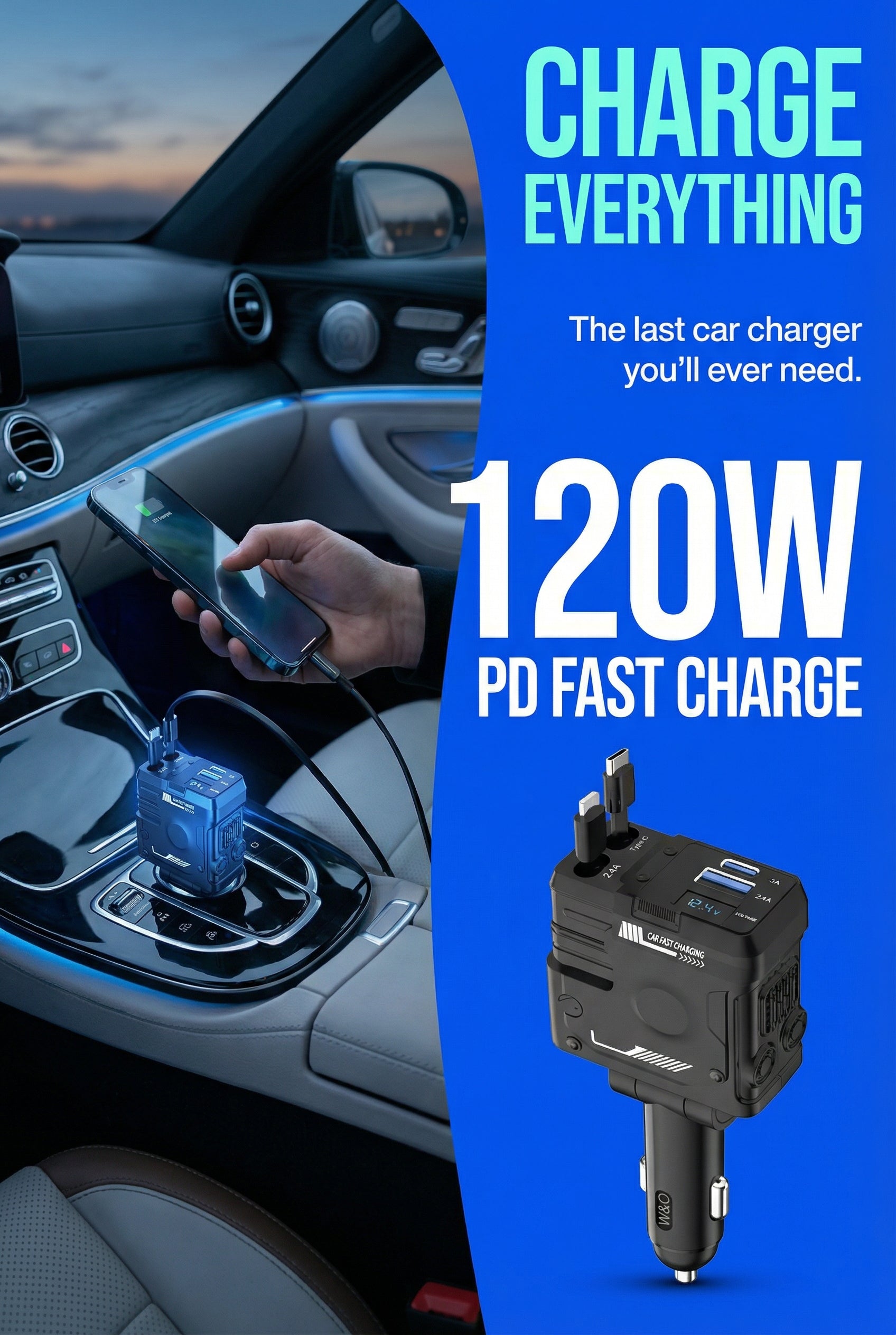 W&O 4 in 1 Flexible Car Charger PD 3.0 120W Fast Charging Type C Mobile Phone Charger for iPhone Xiaomi Huawei Samsung Android