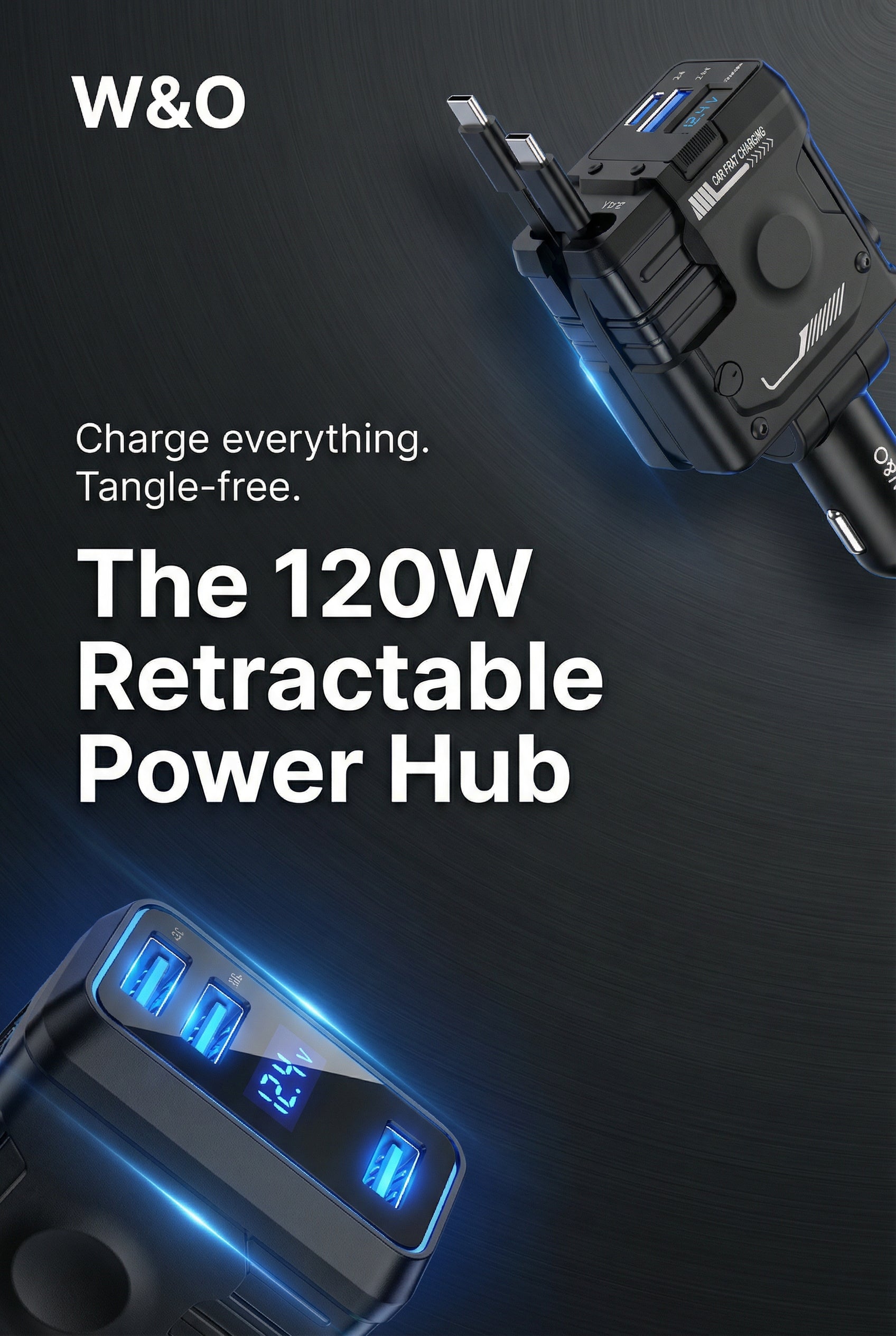 W&O 4 in 1 Flexible Car Charger PD 3.0 120W Fast Charging Type C Mobile Phone Charger for iPhone Xiaomi Huawei Samsung Android