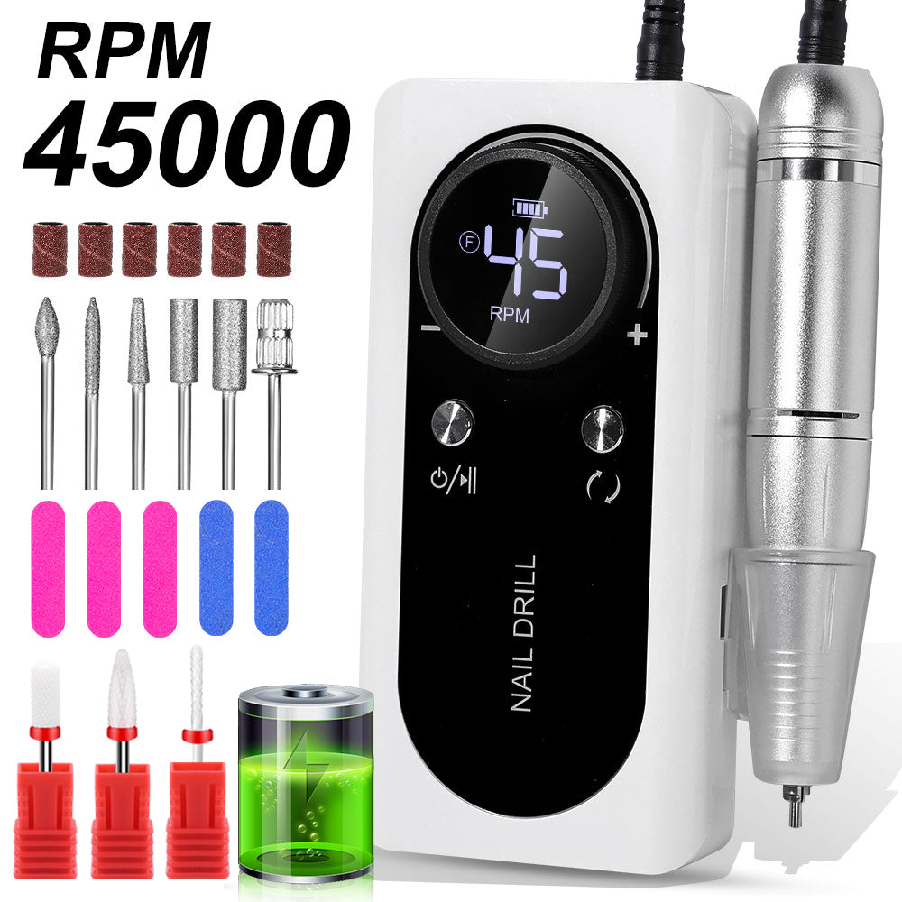 Professional Electric Nail Drill Machine, 45000RPM Rechargeable E-File Nail Drill Cordless, Electric Nail File Kit, Portable Electronic Grinder, Suitable For Nail Polish And Glue Nail Polish Polishing