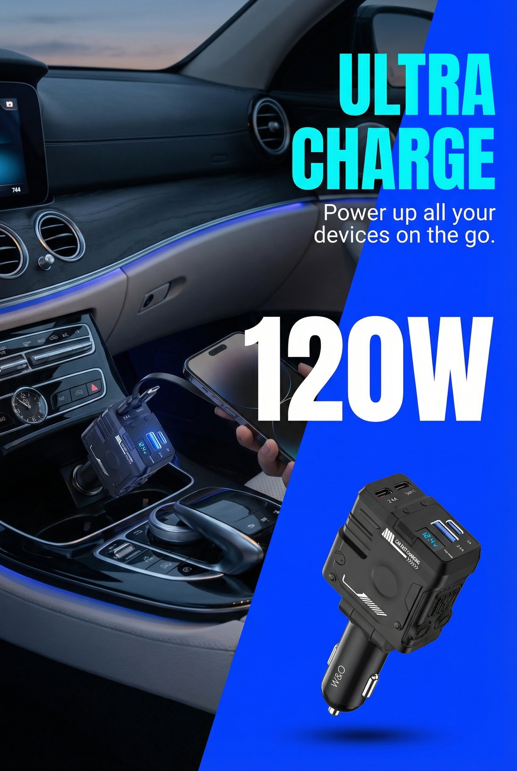 W&O 4 in 1 Flexible Car Charger PD 3.0 120W Fast Charging Type C Mobile Phone Charger for iPhone Xiaomi Huawei Samsung Android