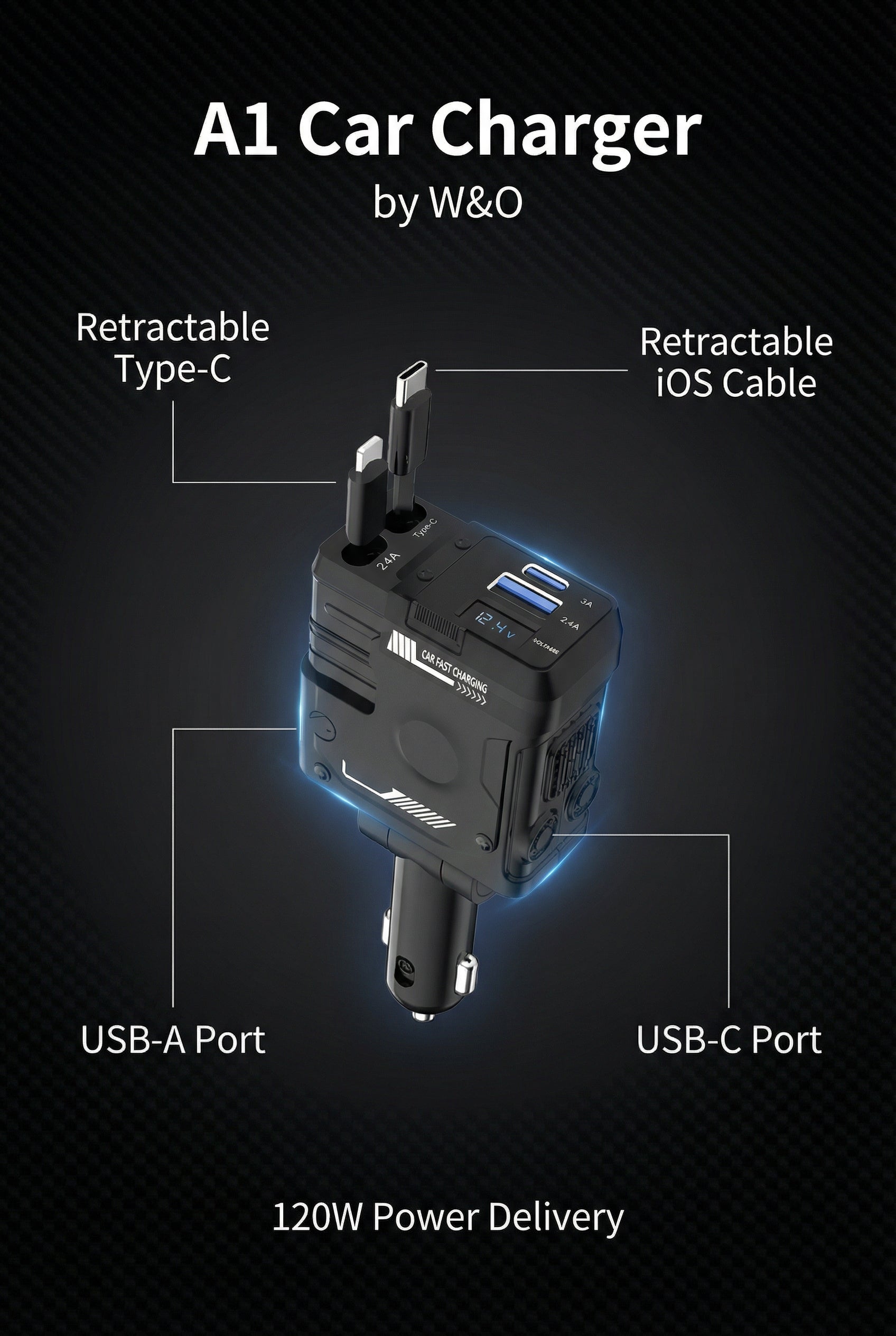 W&O 4 in 1 Flexible Car Charger PD 3.0 120W Fast Charging Type C Mobile Phone Charger for iPhone Xiaomi Huawei Samsung Android