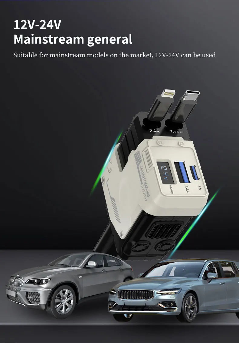 W&O 4 in 1 Flexible Car Charger PD 3.0 120W Fast Charging Type C Mobile Phone Charger for iPhone Xiaomi Huawei Samsung Android