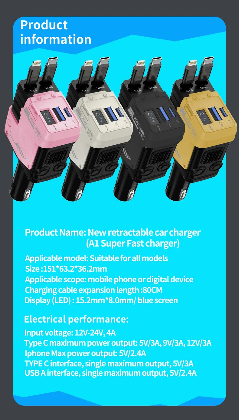 W&O 4 in 1 Flexible Car Charger PD 3.0 120W Fast Charging Type C Mobile Phone Charger for iPhone Xiaomi Huawei Samsung Android