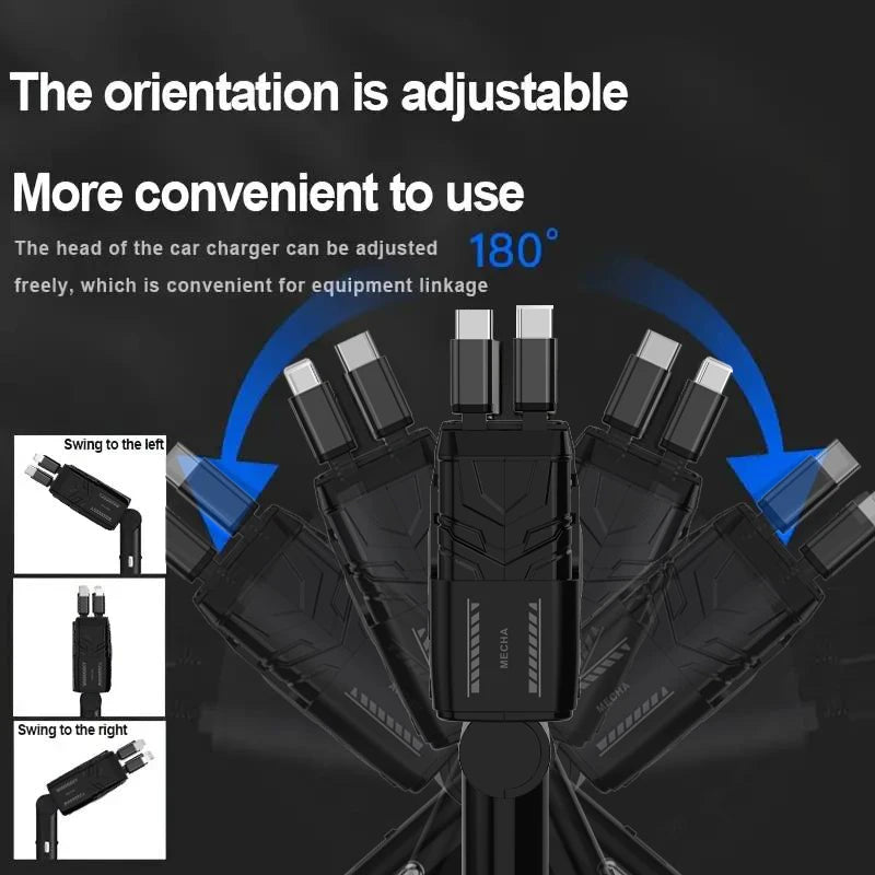 W&O 4 in 1 Flexible Car Charger PD 3.0 120W Fast Charging Type C Mobile Phone Charger for iPhone Xiaomi Huawei Samsung Android