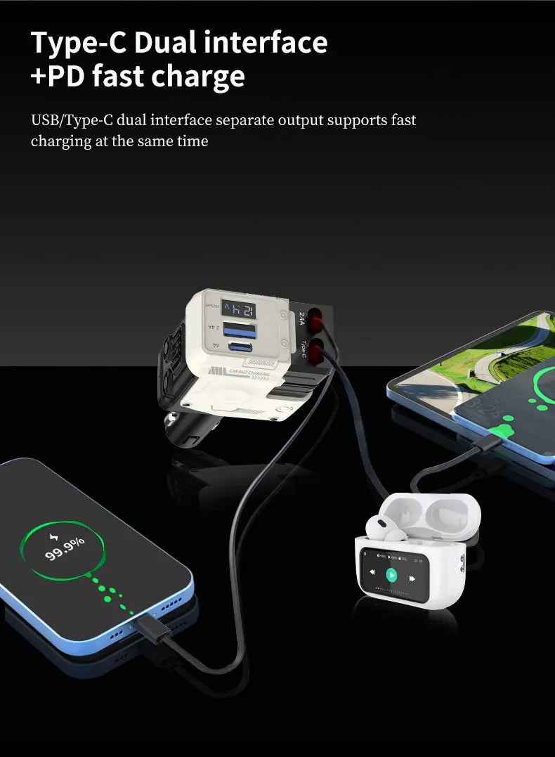 W&O 4 in 1 Flexible Car Charger PD 3.0 120W Fast Charging Type C Mobile Phone Charger for iPhone Xiaomi Huawei Samsung Android