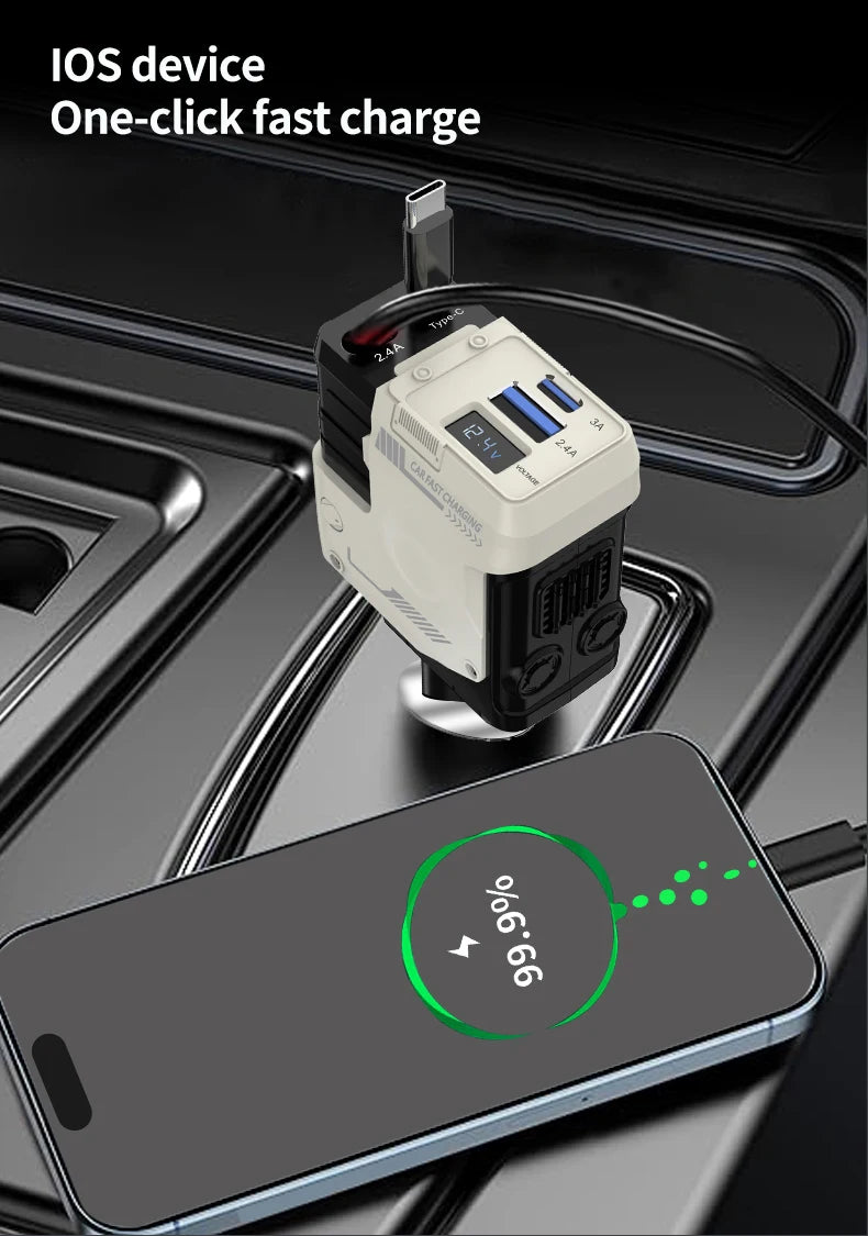 W&O 4 in 1 Flexible Car Charger PD 3.0 120W Fast Charging Type C Mobile Phone Charger for iPhone Xiaomi Huawei Samsung Android