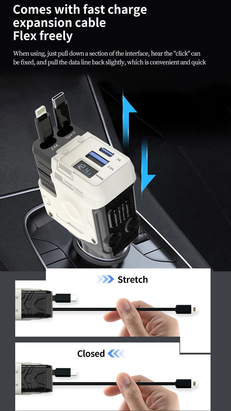 W&O 4 in 1 Flexible Car Charger PD 3.0 120W Fast Charging Type C Mobile Phone Charger for iPhone Xiaomi Huawei Samsung Android