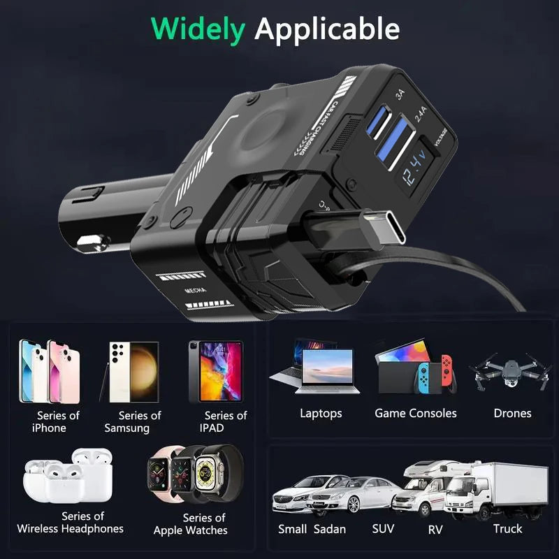 W&O 4 in 1 Flexible Car Charger PD 3.0 120W Fast Charging Type C Mobile Phone Charger for iPhone Xiaomi Huawei Samsung Android